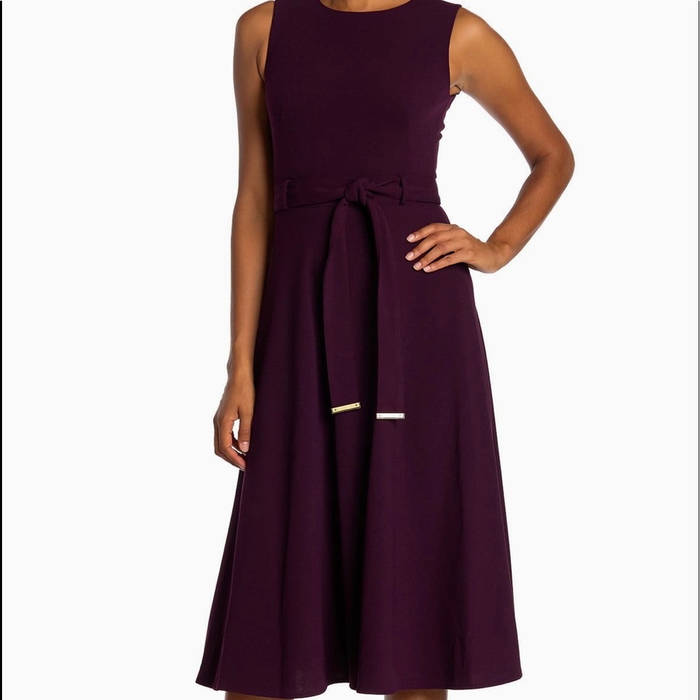 CK Solid Sleeveless Tie Belt Midi Dress